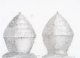 Grain Stacks, 2016, fusain et filmoplast sur papier, 55 x 75 cm.