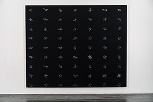 Gravity : The Arrangement of Things 1, 2017-2019, gesso noir, pastel et Letraset sur contre-plaqué, 195 x 240 cm.