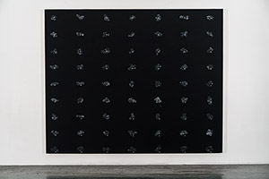 Gravity : The Arrangement of Things 1, 2017-2019, gesso noir, pastel et Letraset sur contre-plaqué, 195 x 240 cm.